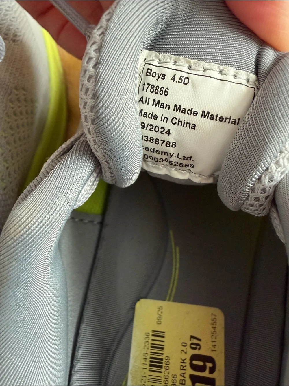 BCG boys size 4.5 D grey and yellow/green tennis shoes